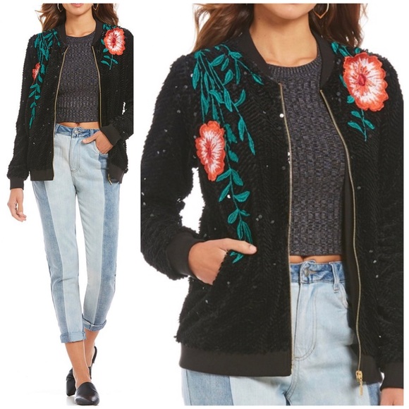 Gianni Bini Sequin Floral Embroidered ‘Shine Bright’ Monroe Zip Bomber Jacket - Picture 7 of 7